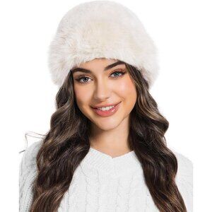 Women's White Faux Fur Fluffy Bucket Hat Winter Warm Fuzzy Mongolian Hat